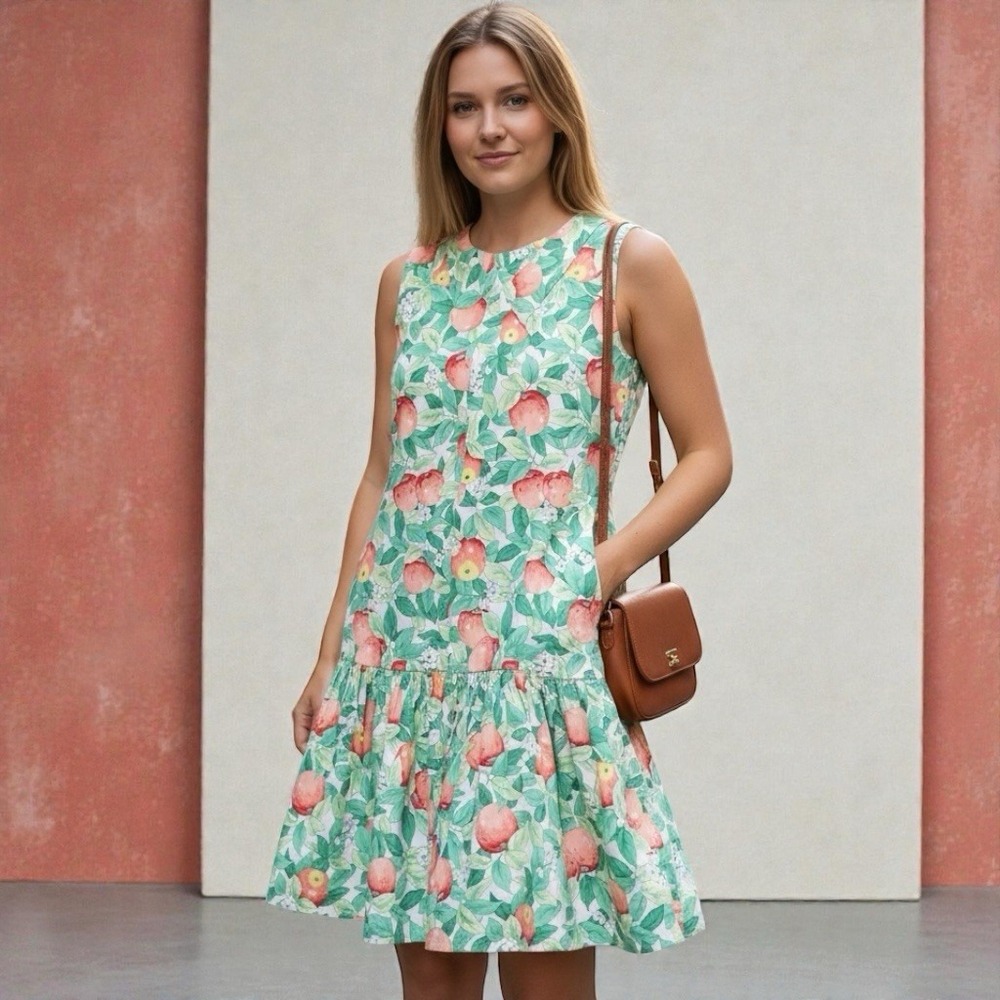 Vintage Apple Print Front Button Knee Length Sleeveless Dress Size S Farm House